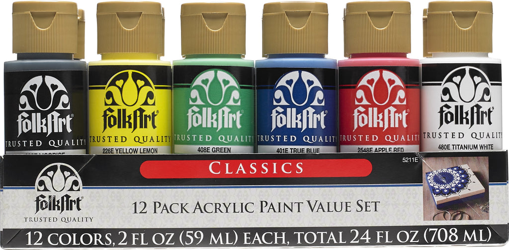 FolkArt 5211E Acrylic Craft Paint Set, Matte Finish, Classic, Set of 12, 24 fl oz