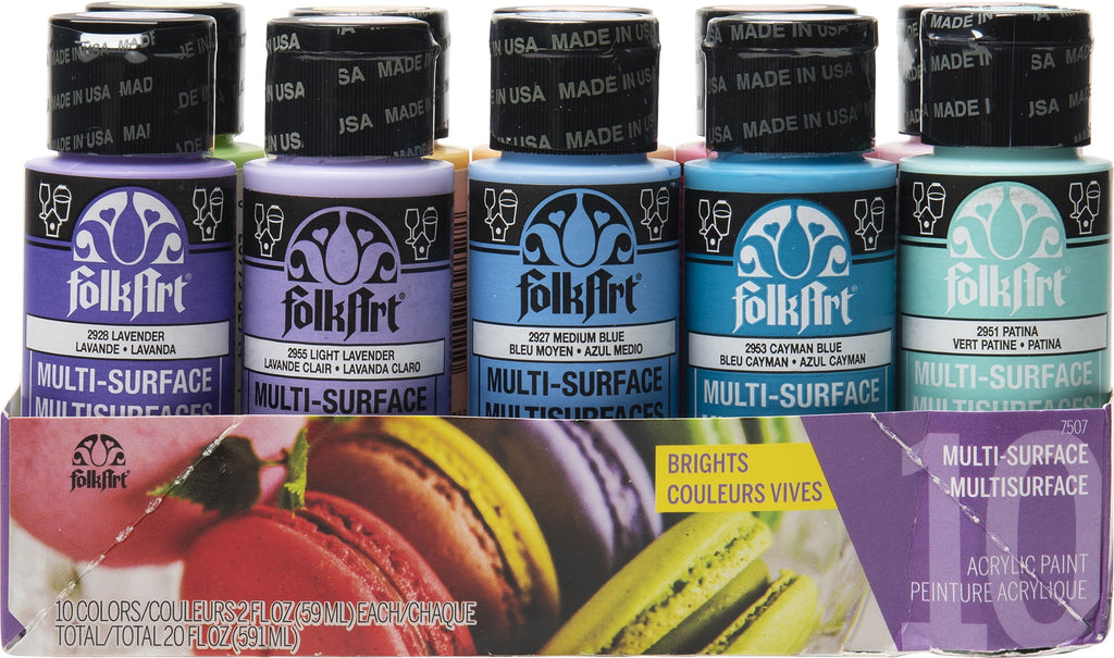 FolkArt 7507E Multi-Surface Acrylic Craft Paint Set, Satin Finish, Bright, Set of 10, 30 fl oz