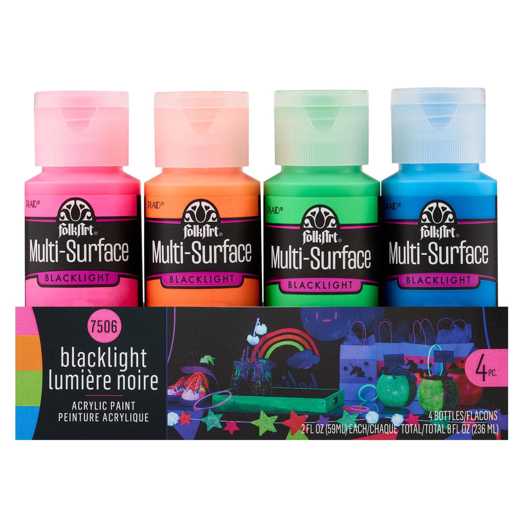 FolkArt Neon Blacklight Multi-Surface Acrylic Craft Paint Set, Satin Finish, 8 fl oz, 4 Piece