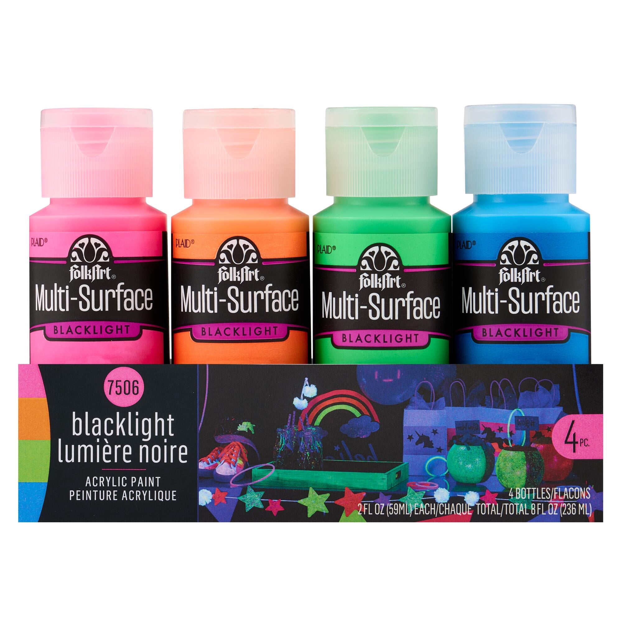 FolkArt Neon Blacklight Multi-Surface Acrylic Craft Paint Set, Satin Finish, 8 fl oz, 4 Piece