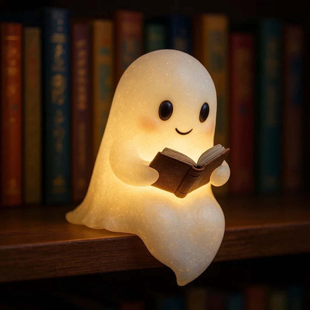 Fwttom Ghost Night Light, Halloween Lights Cute Ghost Reading Book Lamp, Halloween Decorations Indoor Light Up Ghost Statue Ghost Light for House Mantel Bedside
