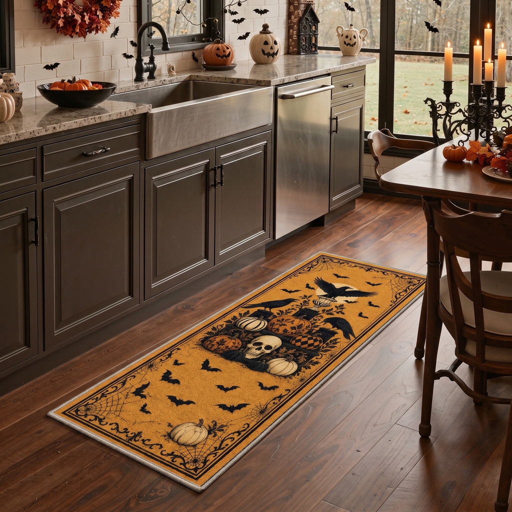 GENIMO 2'x7' Halloween Runner Rug, Washable Non Slip Soft Gothic Raven Indoor Outdoor Hallway Runner for Porch Patio Kitchen Entryway, Rust Orange