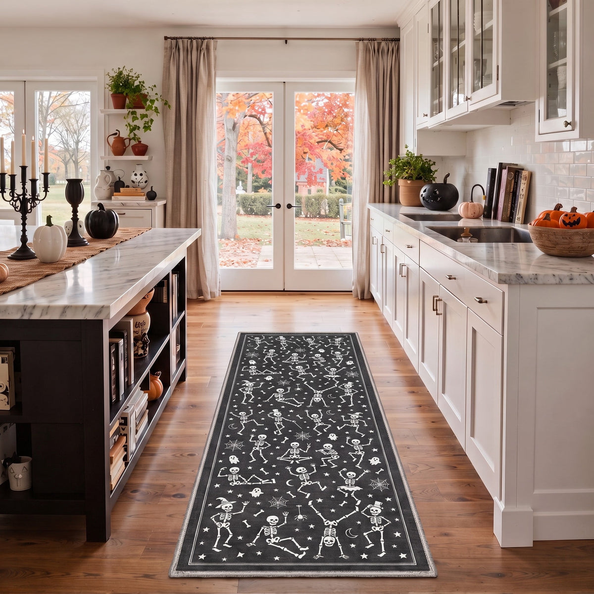 GENIMO 2'x7' Halloween Runner Rug, Washable Non Slip Soft Whimsical Skeleton Indoor Outdoor Hallway Runner for Porch Patio Kitchen Entryway, Charcoal Black