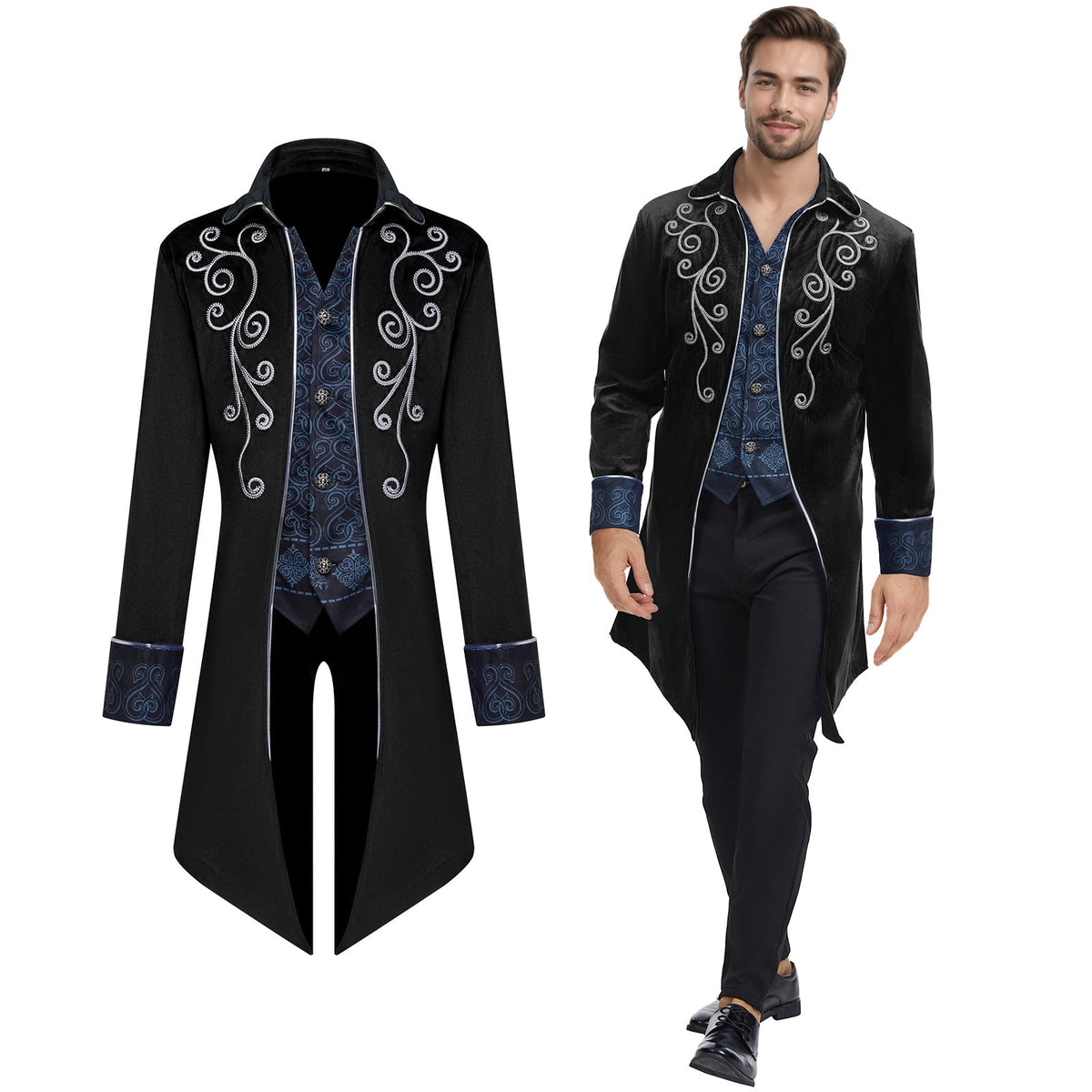 GYQMBT Men Medieval Steampunk Tailcoat Jacket Gothic Victorian Frock Coat Uniform Halloween Party Cosplay Gentleman Costumes, Blue, XL