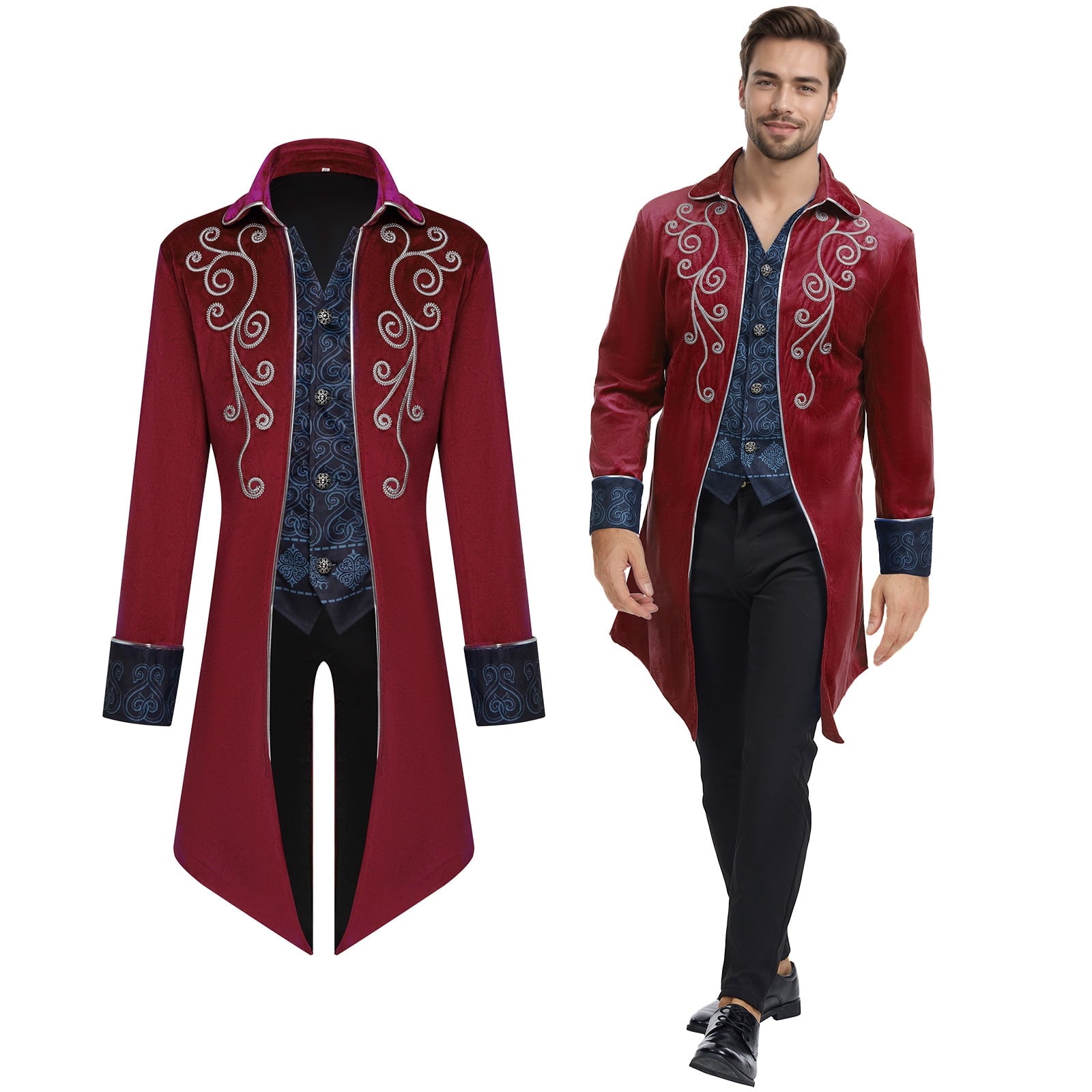 GYQMBT Men Medieval Steampunk Tailcoat Jacket Gothic Victorian Frock Coat Uniform Halloween Party Cosplay Gentleman Costumes, Blue, XL