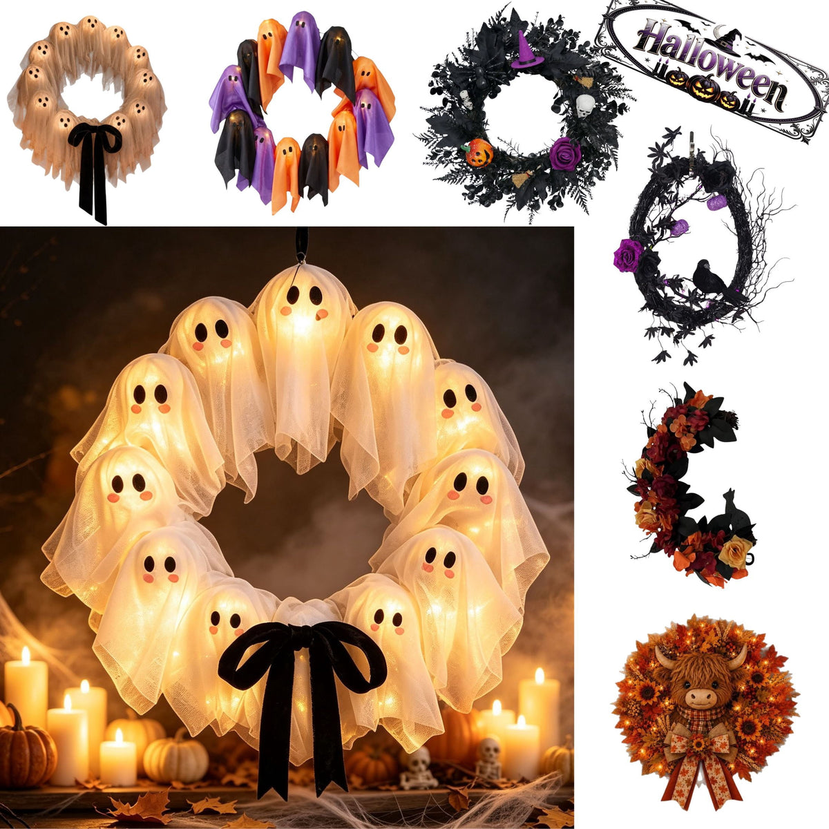 Gcvizuso Halloween Crescent Floral Wreath, Orange Red Rose Hydrangea Fall Front Door Decor for Autumn Harvest Celebration