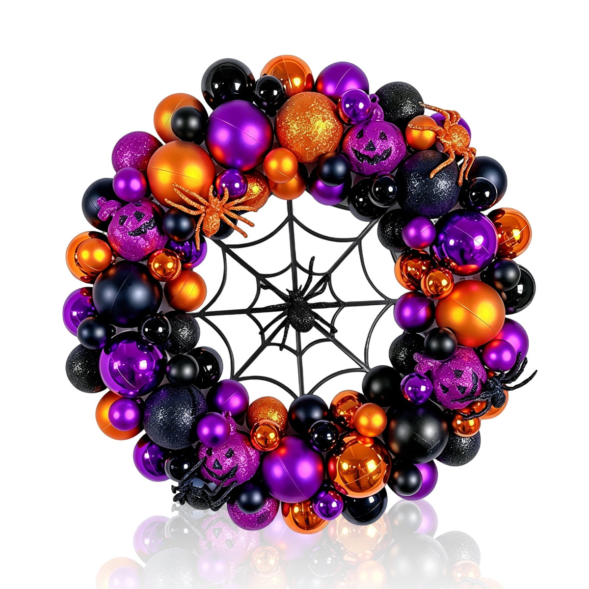 Godance 16 Inch Halloween Ball Wreath for Front Door, Halloween Wreath with Fake Pumpkins Spider, Shatterproof Treat-or-Trick Front Door Wreaths, Purple/Black Ball Ornament for Wall Front Door