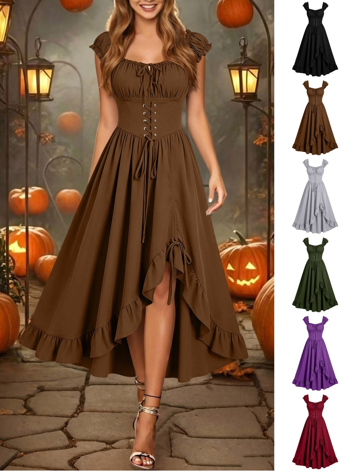 Gothic Dresses for Women Medieval Renaissance Halloween Costume Lace Up Corset High Low Ruffle Hem Square Neck Vintage Gown