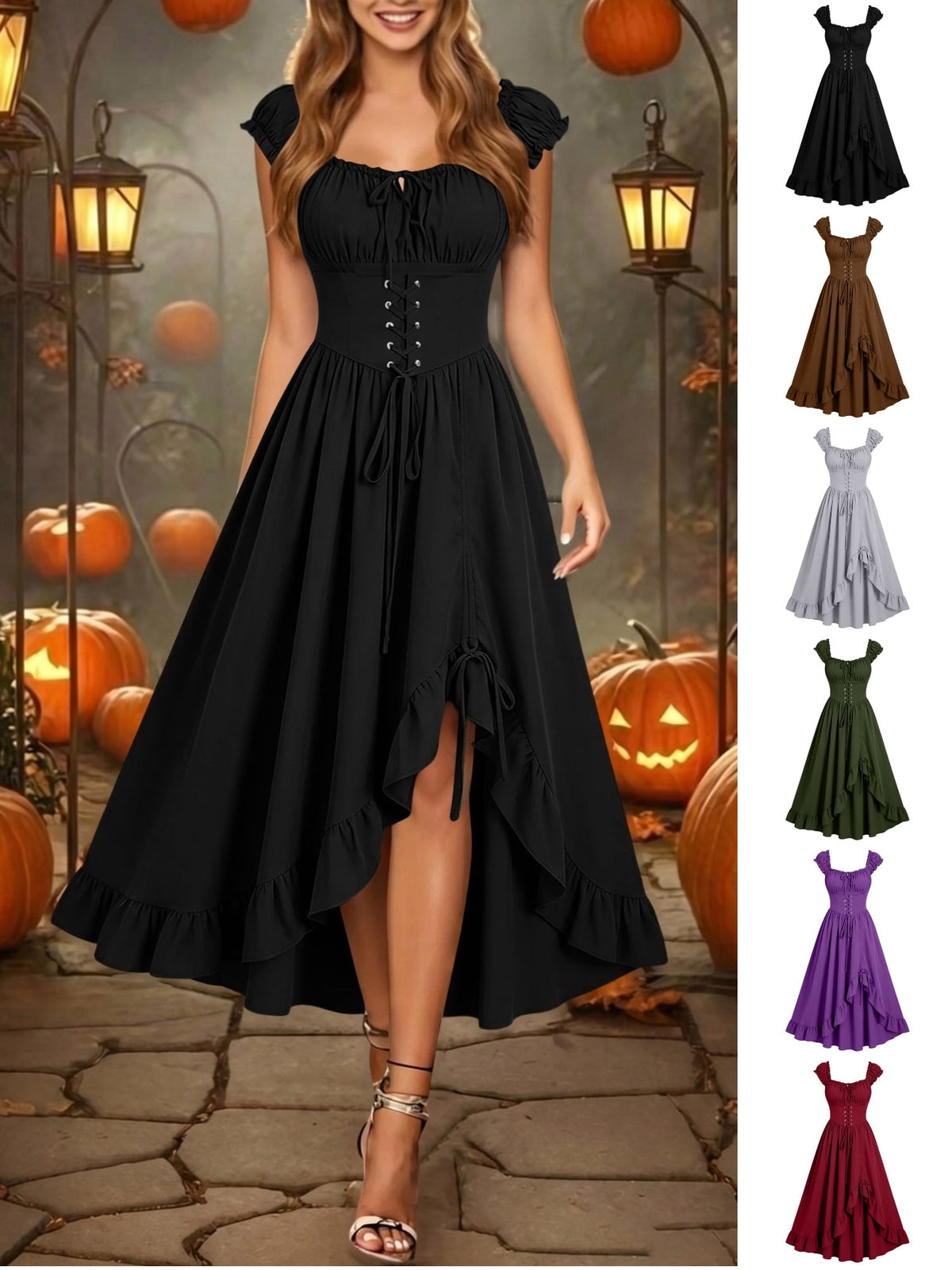 Gothic Dresses for Women Medieval Renaissance Halloween Costume Lace Up Corset High Low Ruffle Hem Square Neck Vintage Gown