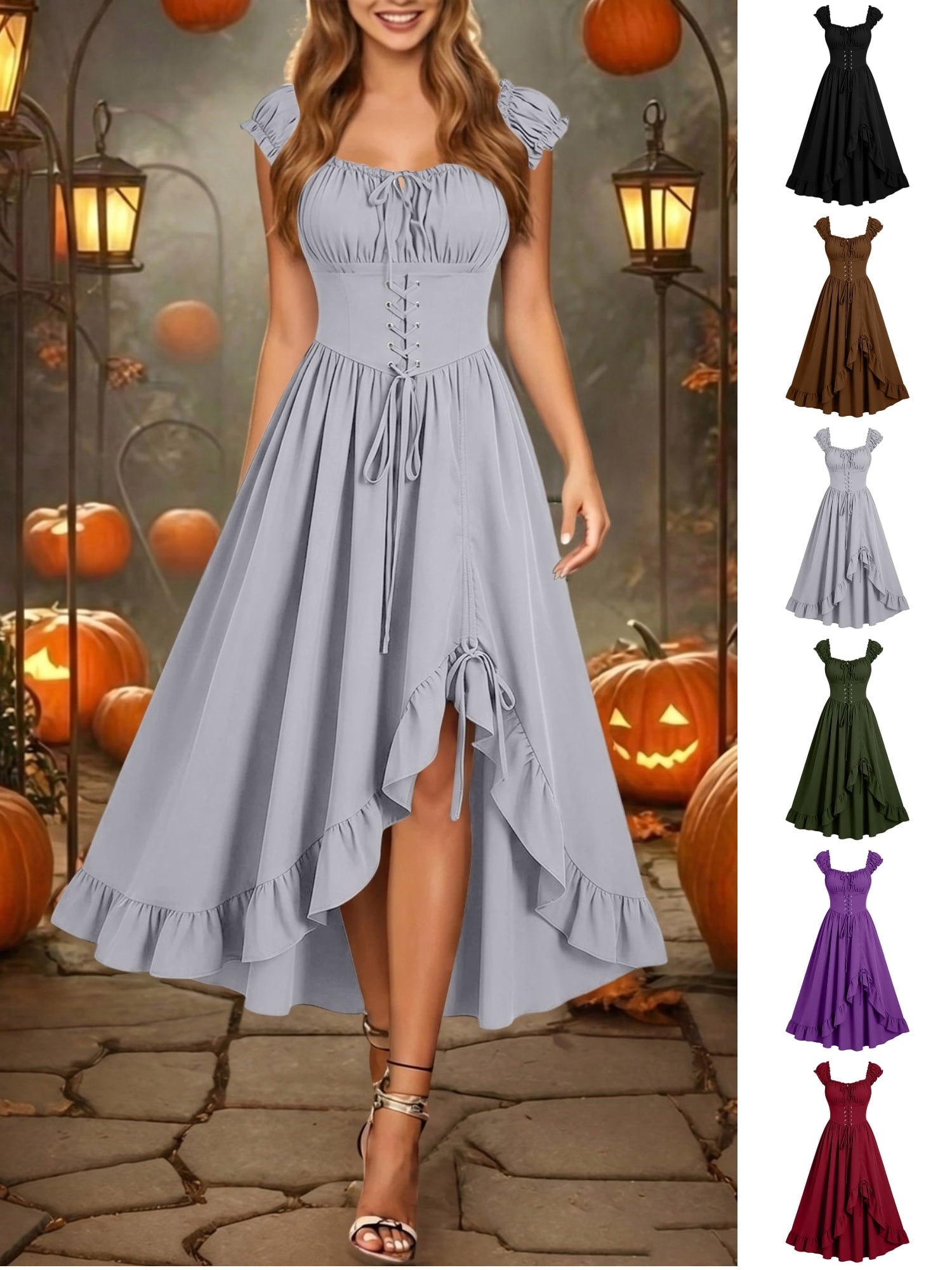 Gothic Dresses for Women Medieval Renaissance Halloween Costume Lace Up Corset High Low Ruffle Hem Square Neck Vintage Gown