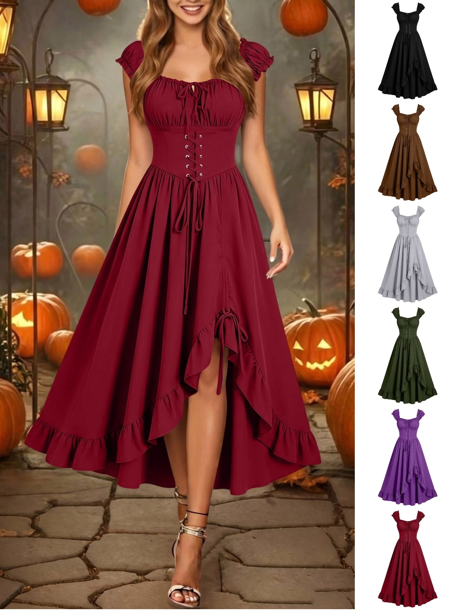 Gothic Dresses for Women Medieval Renaissance Halloween Costume Lace Up Corset High Low Ruffle Hem Square Neck Vintage Gown