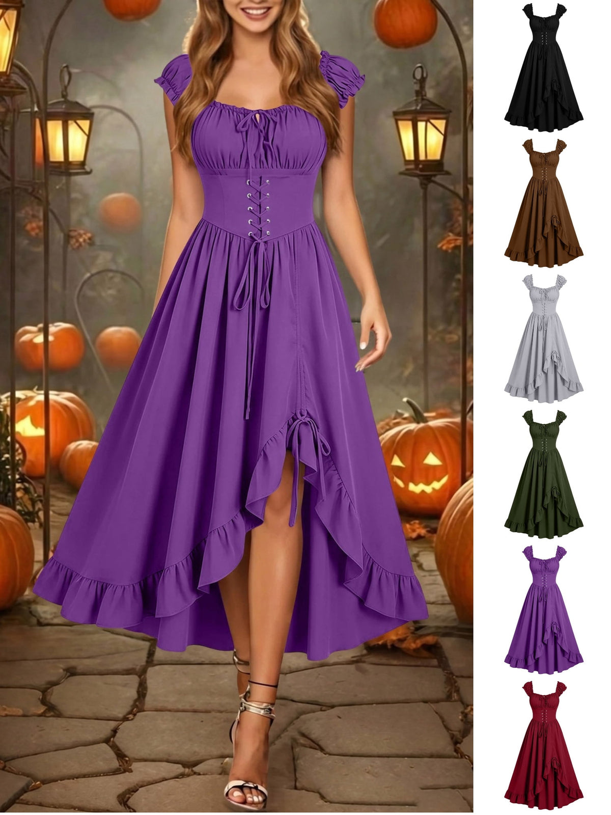 Gothic Dresses for Women Medieval Renaissance Halloween Costume Lace Up Corset High Low Ruffle Hem Square Neck Vintage Gown