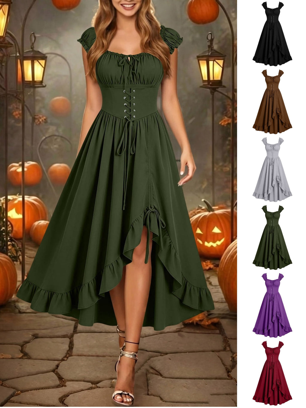 Gothic Dresses for Women Medieval Renaissance Halloween Costume Lace Up Corset High Low Ruffle Hem Square Neck Vintage Gown