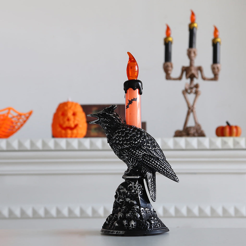 Gothic Mysterious Crow LED Flameless Candle, Luminous Sculpture, Gothic Home Decor Accent, Raven Lamp for Halloween Gifts, Bedroom Bedside, Living Room, Orange