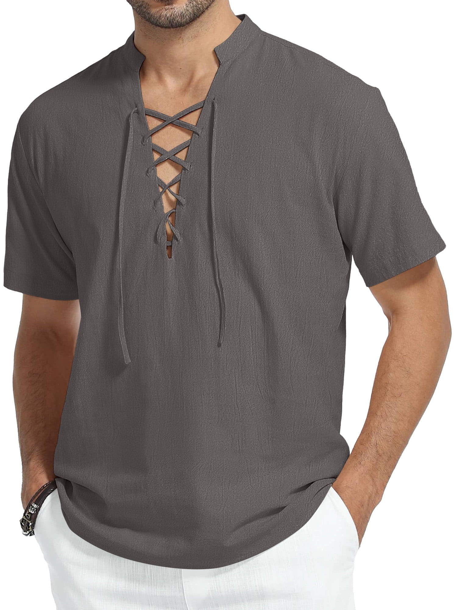HAOMEILI Men's Short Sleeve Shirts Retro Style Lace up for Medieval,Viking,Hippie Halloween Cosplay Pirate Renaissance Costume