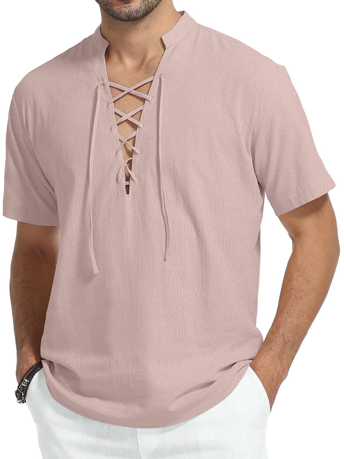 HAOMEILI Men's Short Sleeve Shirts Retro Style Lace up for Medieval,Viking,Hippie Halloween Cosplay Pirate Renaissance Costume