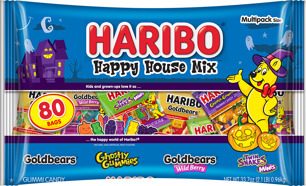 HARIBO Happy House Mix Halloween Gummy Candy Mini Pouches, 80ct, 33.4oz Laydown Bag