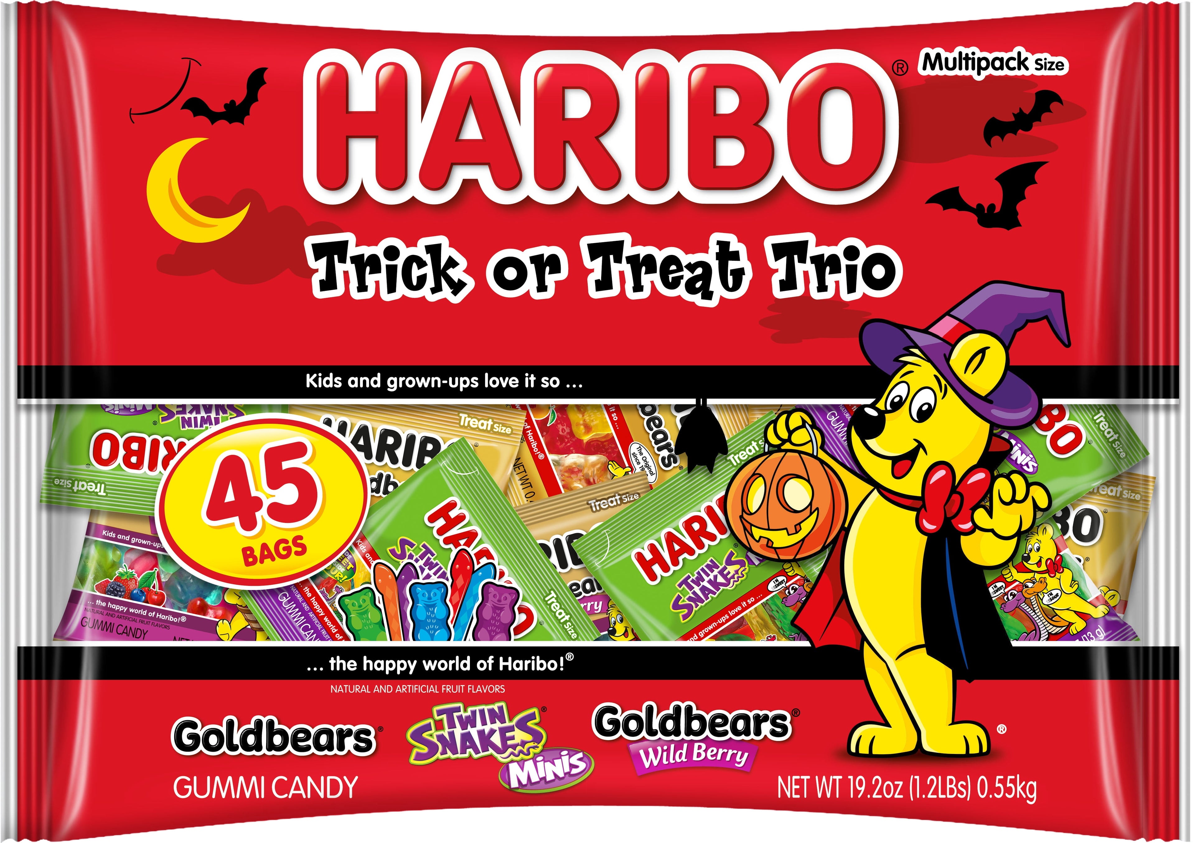 HARIBO Trick or Treat Trio Halloween Gummy Candy Mini Pouches, 45ct