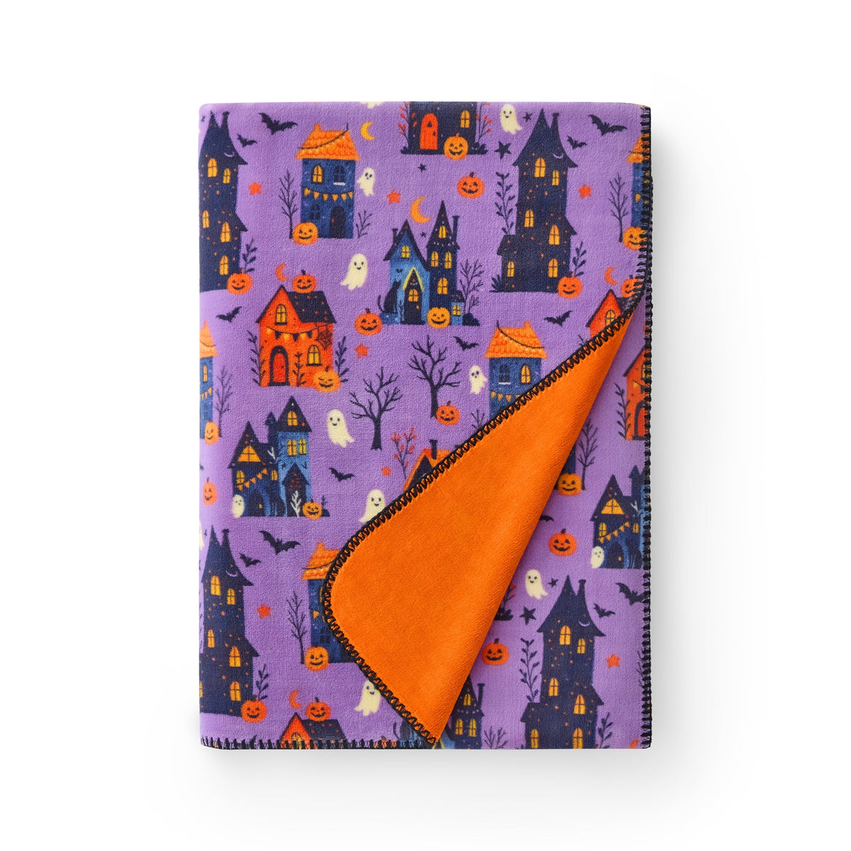 Boo-tique Halloween Plush Soft Oversized Couch Throw Blanket, Cats and Pumpkins, Orange, 50 x 72 in