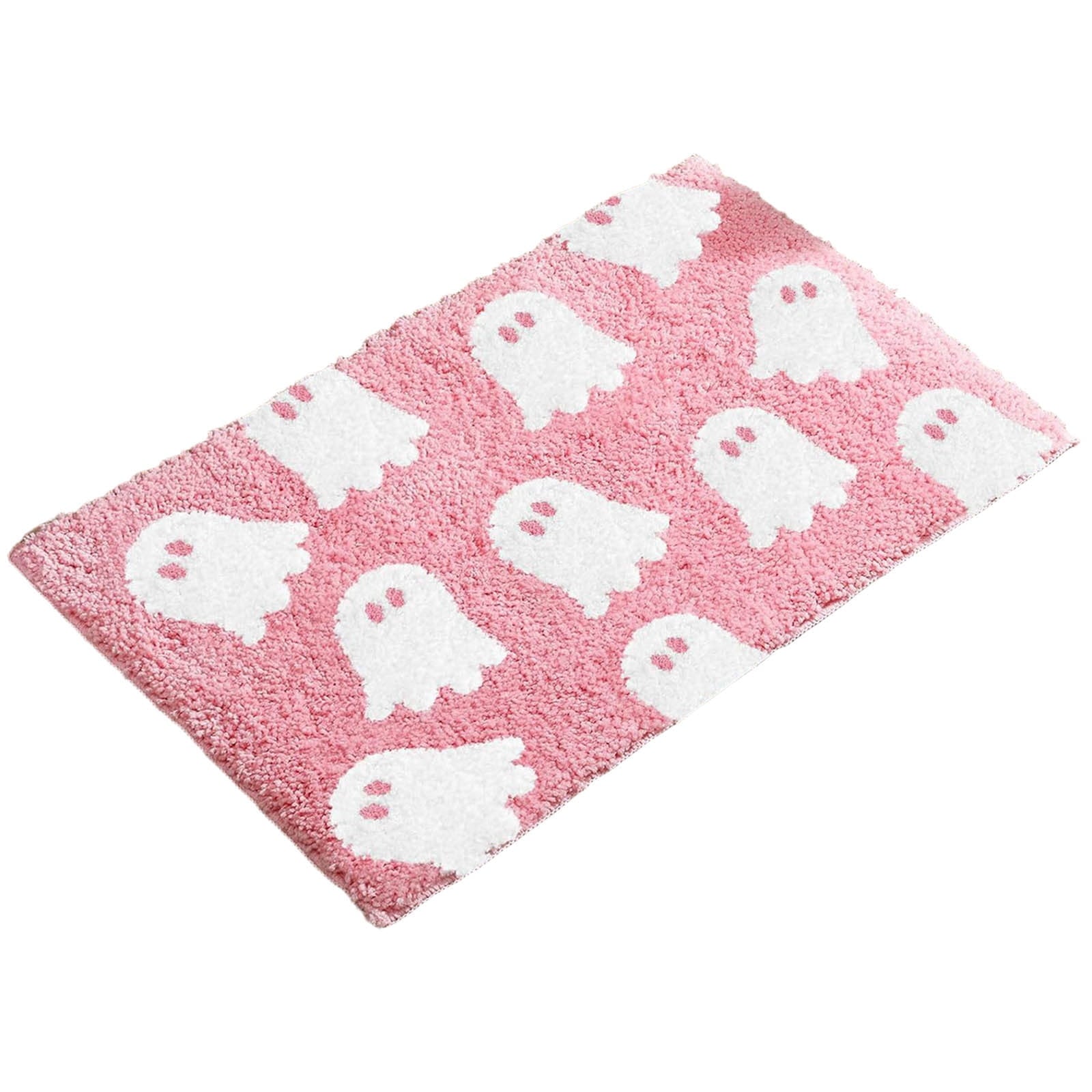 HHBEAUTY Pink Ghost Bath Mat Soft Halloween Bathroom Rug Non Slip Cute Spooky Ghost Bathroom Decoration Shaggy Plush Microfiber Rug Halloween Decor for Home Bedroom Shower Floor, 15.75 x 23.62"