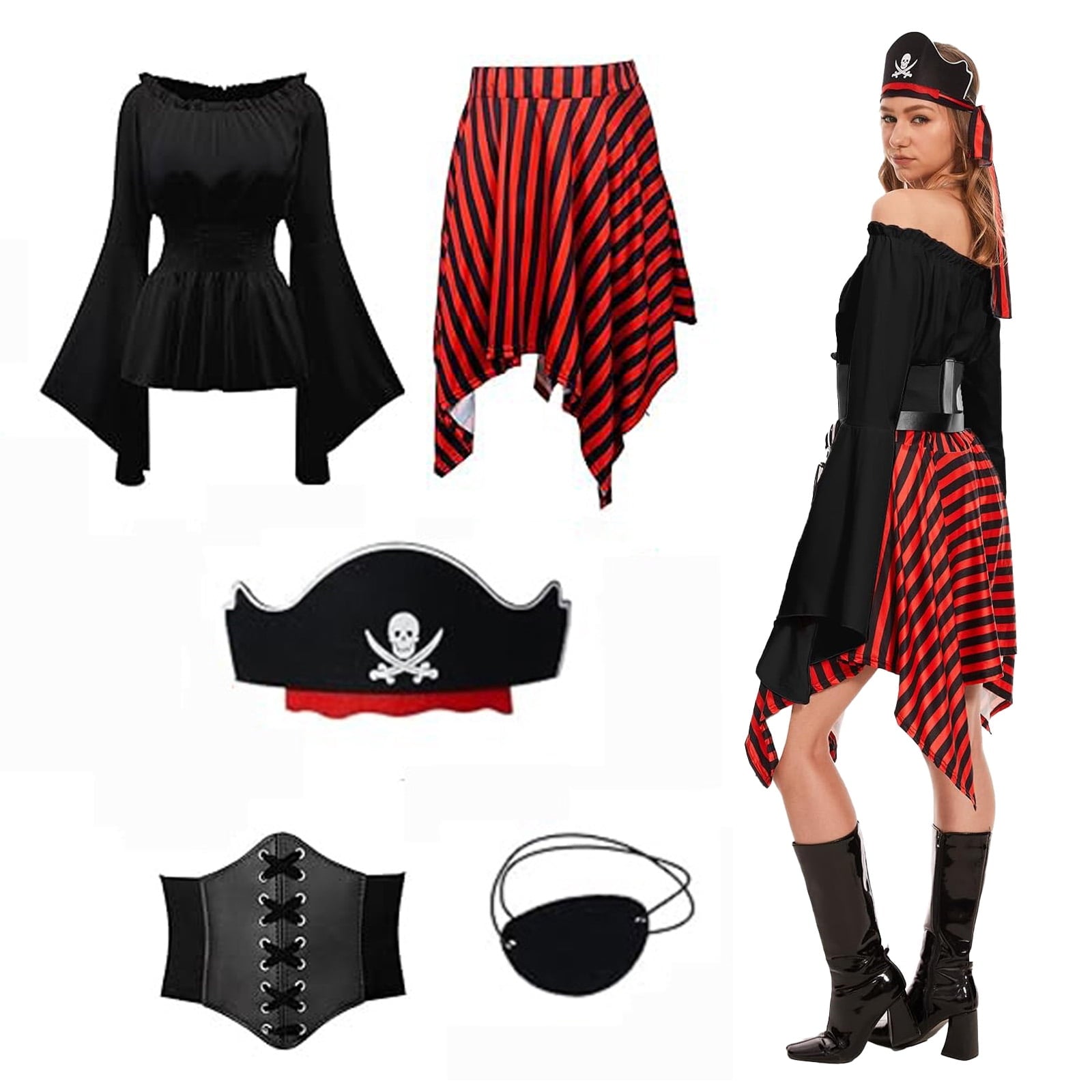 HNKMDK Adult Pirate Costumes for Women Halloween Queen Costumes Renaissance Shirts Pirate Skirts Turbans Waistbands Eye Masks(White,L)