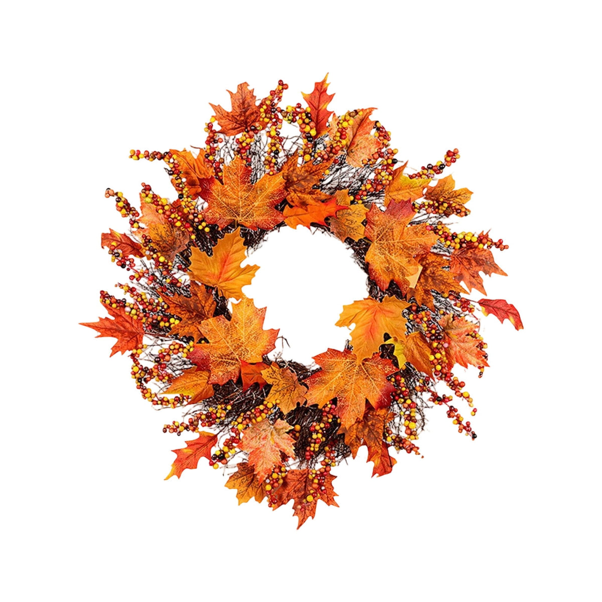 HOARBOEG Handmade Wrought Iron Maple Leaf Wreath, Thanksgiving Rudolph Fall Harvest Door Hanging, Orange Metal Autumn Wreath with Berries, Garden Wall Decor, 15.75 in