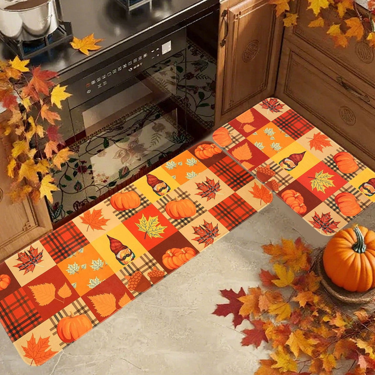 HOARBOEG Fall Pumpkin Maple Leaf Floor Mat 2-Piece Set - Non-Slip Halloween Thanksgiving Decorative Rug for Bathroom, Kitchen, Porch, Entrance, Polyester Foot Mats, Easy Clean Indoor/Outdoor