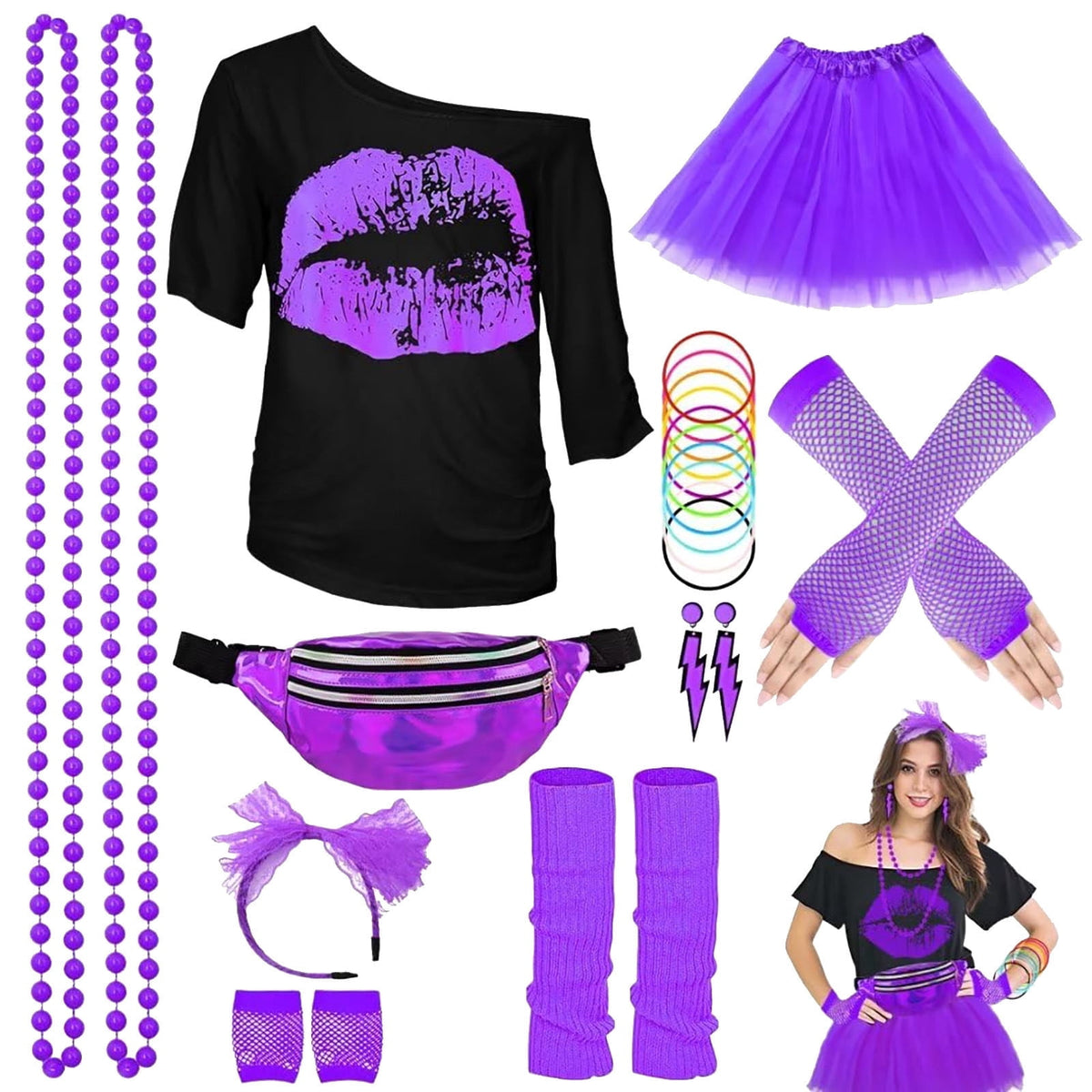 Halloween 80s Outfits Costume,80s Outfit for Women, Lip Print T-Shirt Tutu Skirt with Fanny Pack Accessories Set for Halloween Costume Party