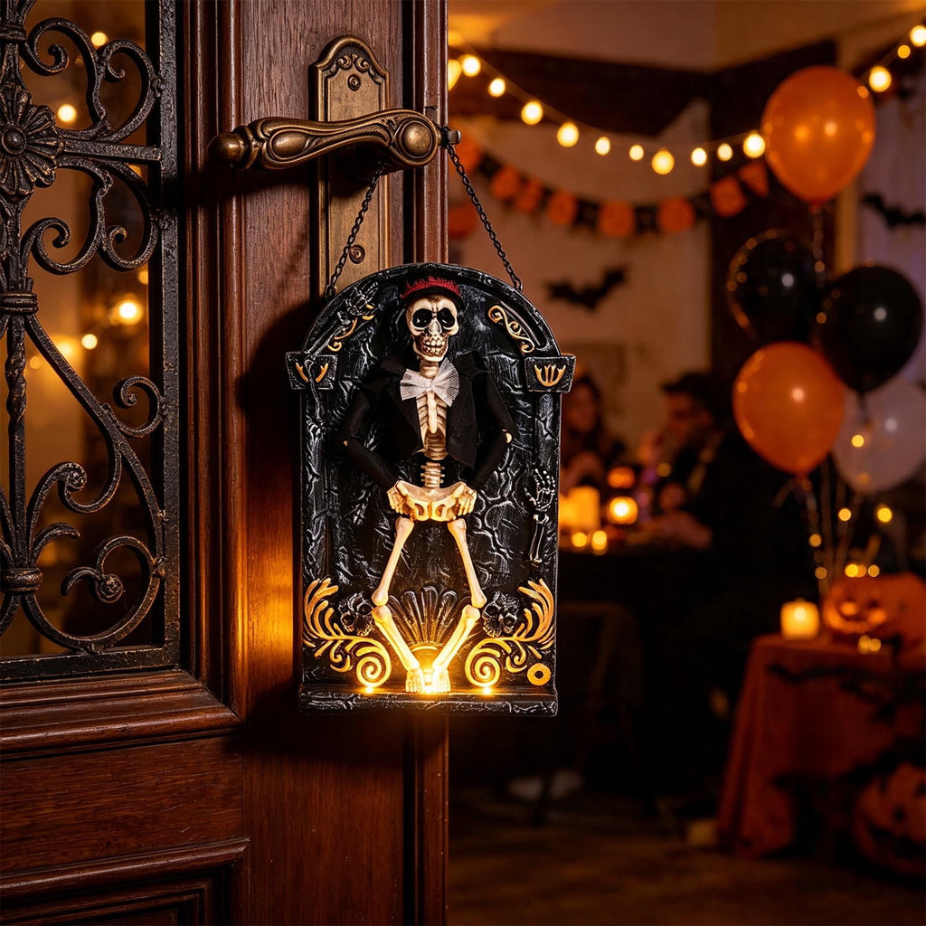 Halloween Animated Skeleton Tombstone Door Hanging Decor, Light Up Moving Skull Ornament with Warm LED, Gothic Front Door Wall Prop for Party Home