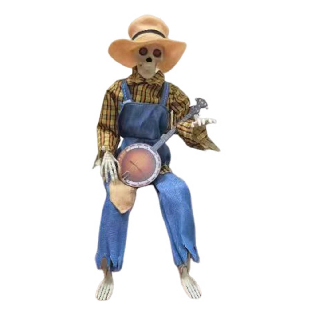 Halloween Animatronics Banjo Skeletons Decorations, Animated Skull with Sound Activated, Funny Voice, Light Up Eyes, Playing Musical Halloween Prop Decor for Indoor, Outdoor, Yard Lawn(Yellow)