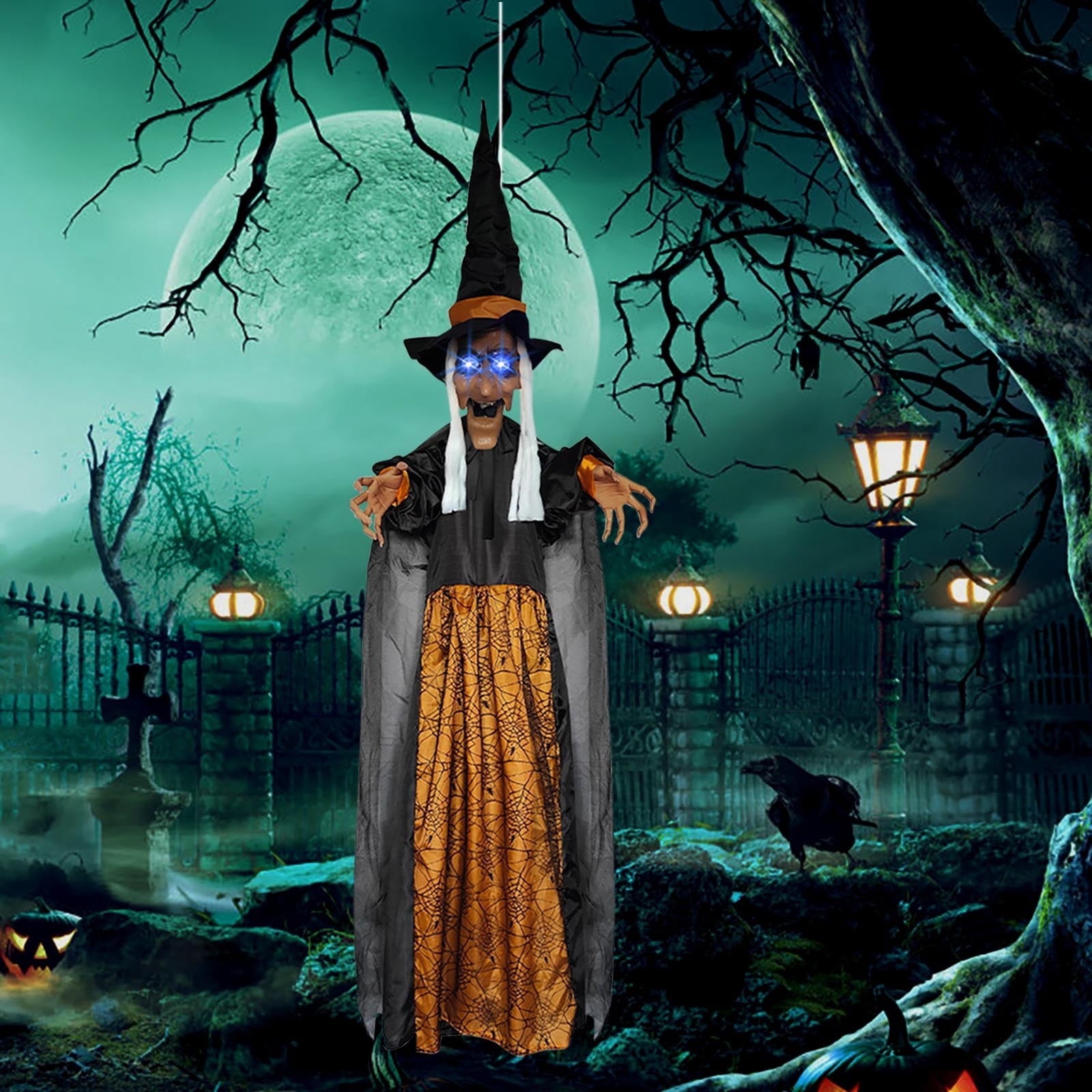 Halloween Animatronics Witch Clearance, Voice Activated Purple Escape Haunt Halloween House Décor & Fright Fest Prop, Life Size Animated Halloween Decoration Outdoor