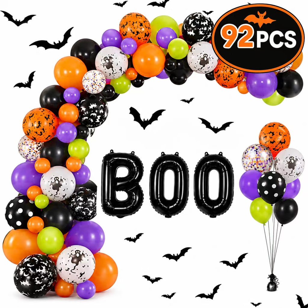 Halloween Balloons, Latex Arch Garland Kit With BOO Foil Confetti Balloons Bat Decoration Set for Halloween Party Decorations 92Pcs