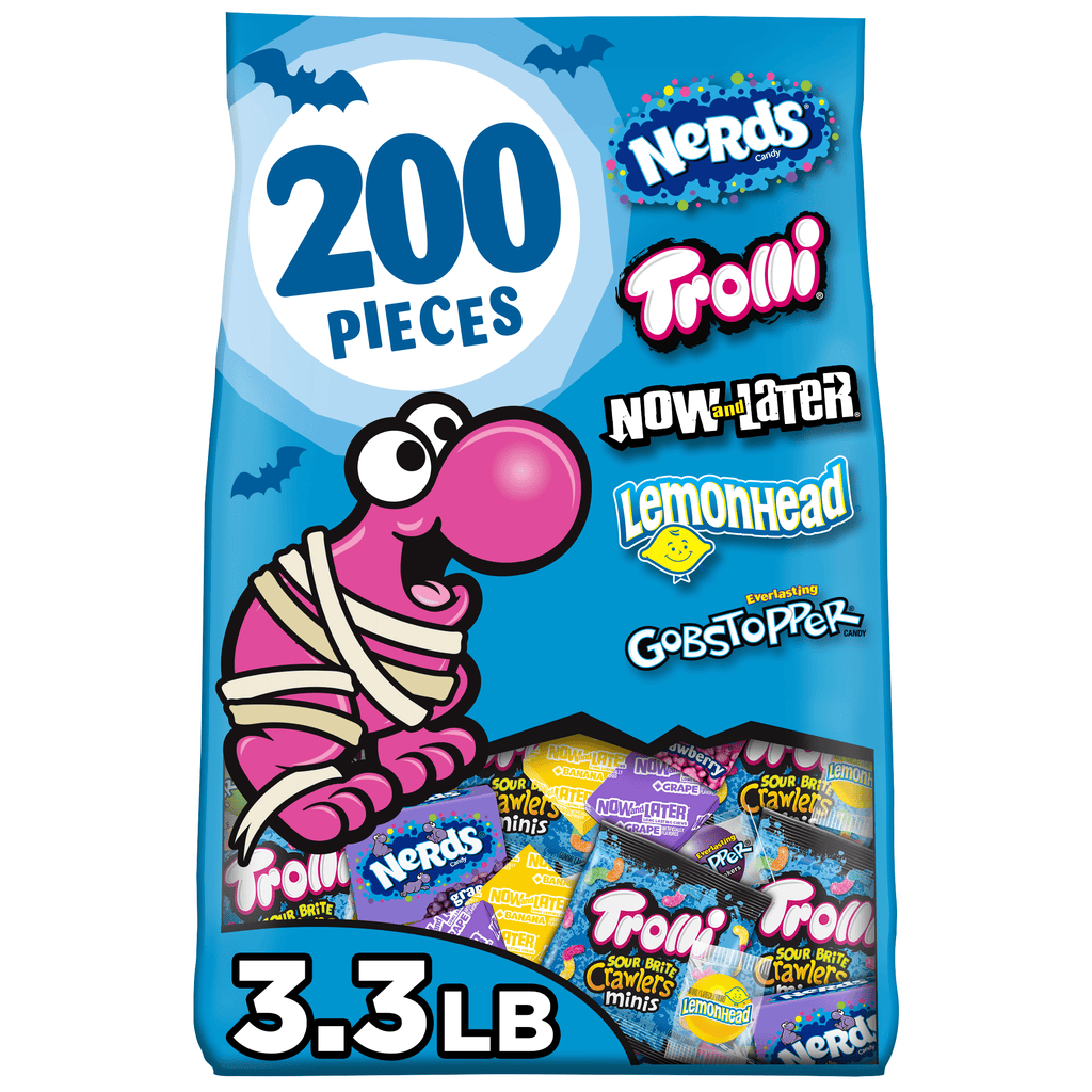 Nerds Classic Fun Halloween Trick-or-Treat Variety Bag, Trolli, Now and Later, Lemonhead, Gobstopper, and NERDS Original, 200 Pieces, 54 Ounces