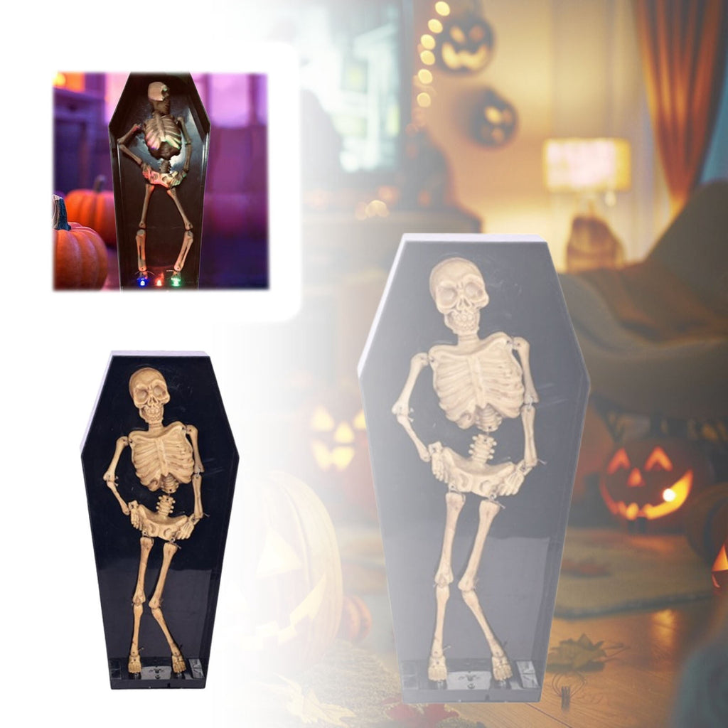 Halloween Dancing Coffin Skeleton with LED Lights Animated Prop Voice Activated Decorations with Spooky Music and Glowing Effects Scary Jumping Skeleton for Haunted House Yard Cemetery Party Decor