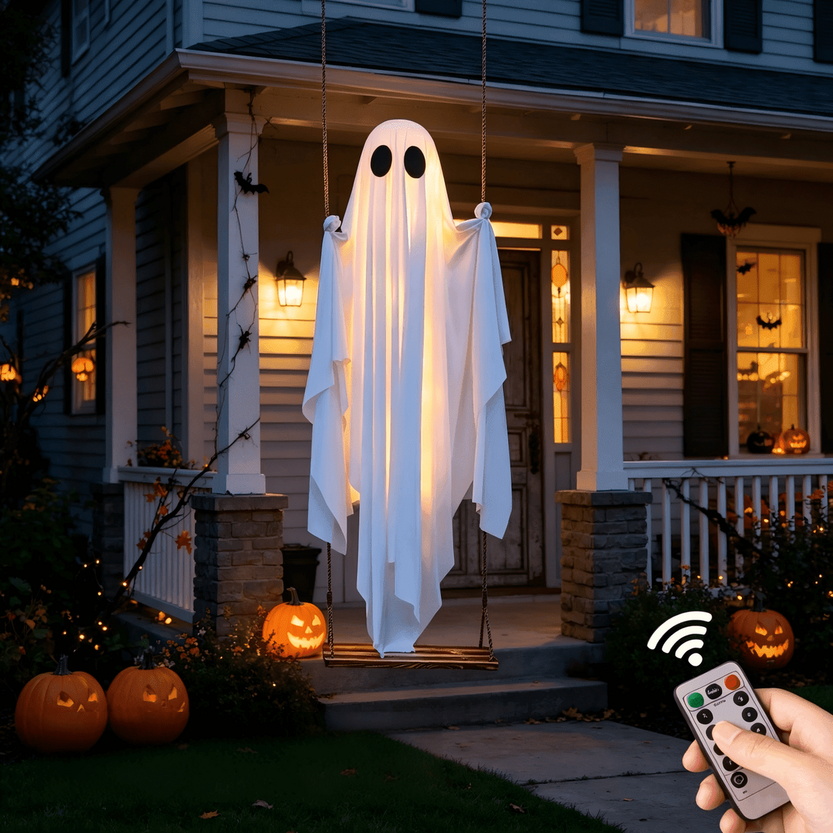 Halloween Decorations Outdoor - 5 FT Large Hanging Swing Ghost Halloween Decor with String Lights, Spooky Cute Ghosts Decorations for Front Porch Yard Tree