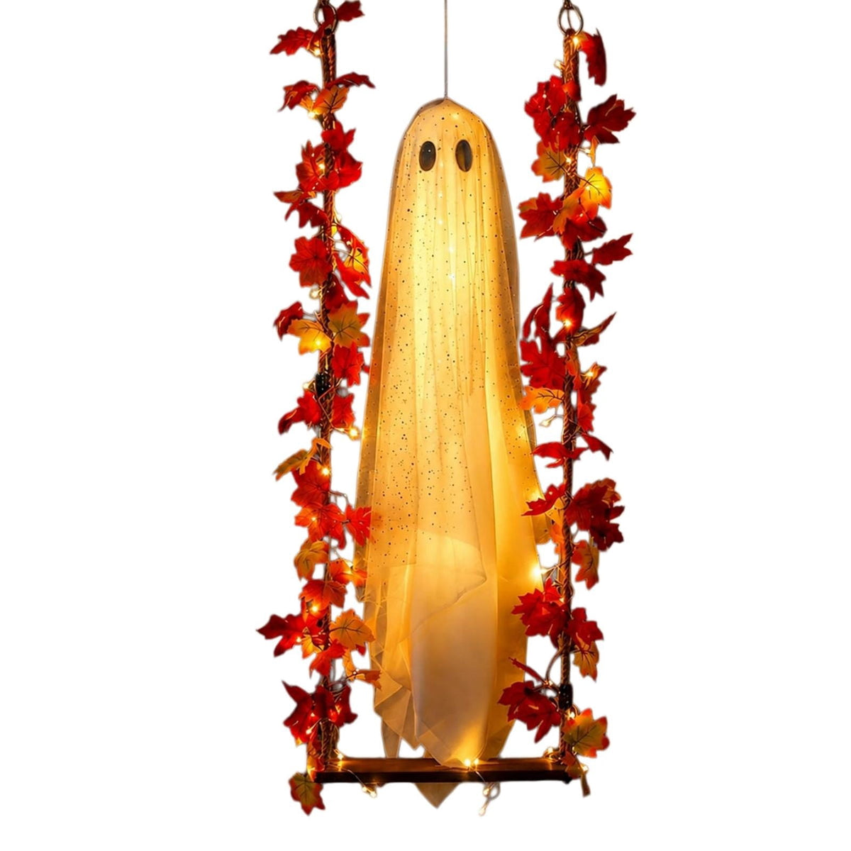 Outdoor Halloween Decorations Large Hanging Ghost and Witch Broom with Lights, Spooky and Cute Ghost Decor for the Front Porch, Yard