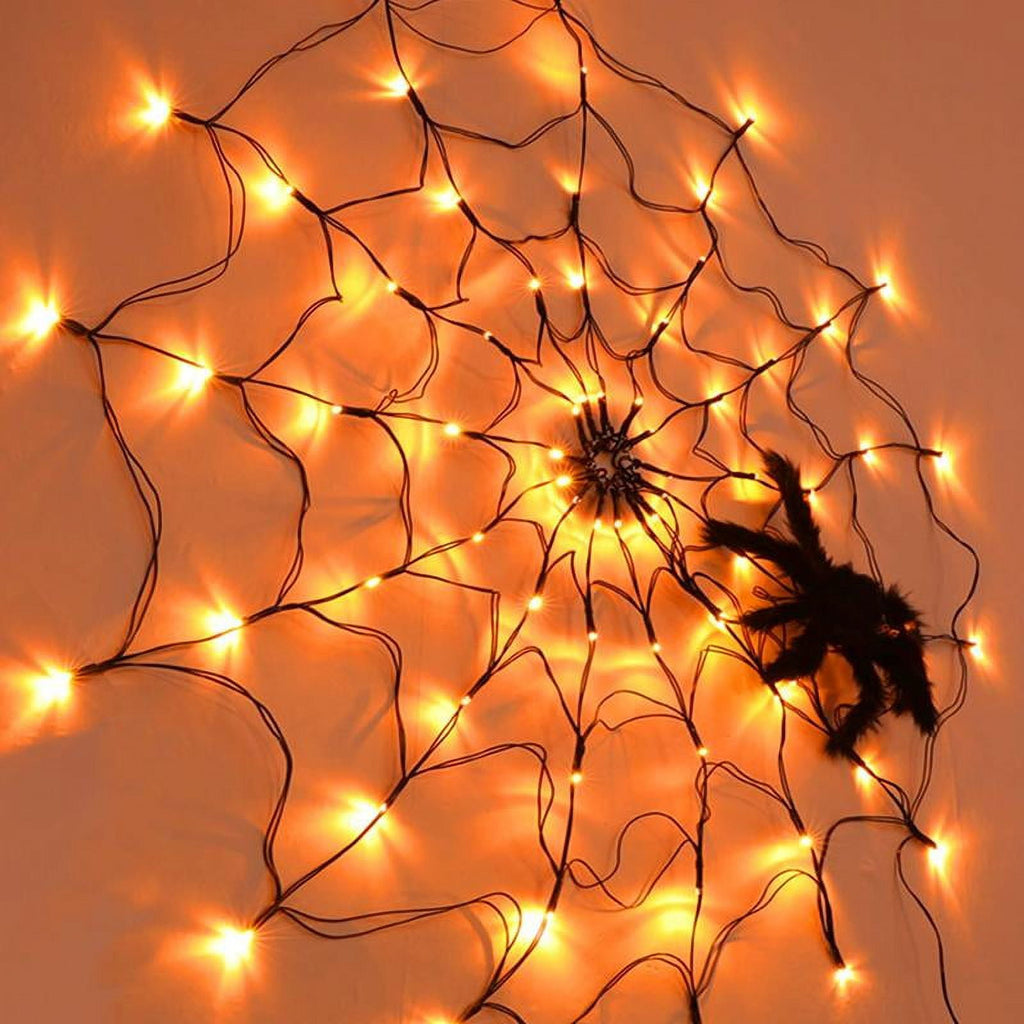 Halloween Decorations Spider Web Lights, 70 LED 8 Modes Battery Operated Waterproof Net Lights with Black Spider, Halloween Indoor Outdoor Orange