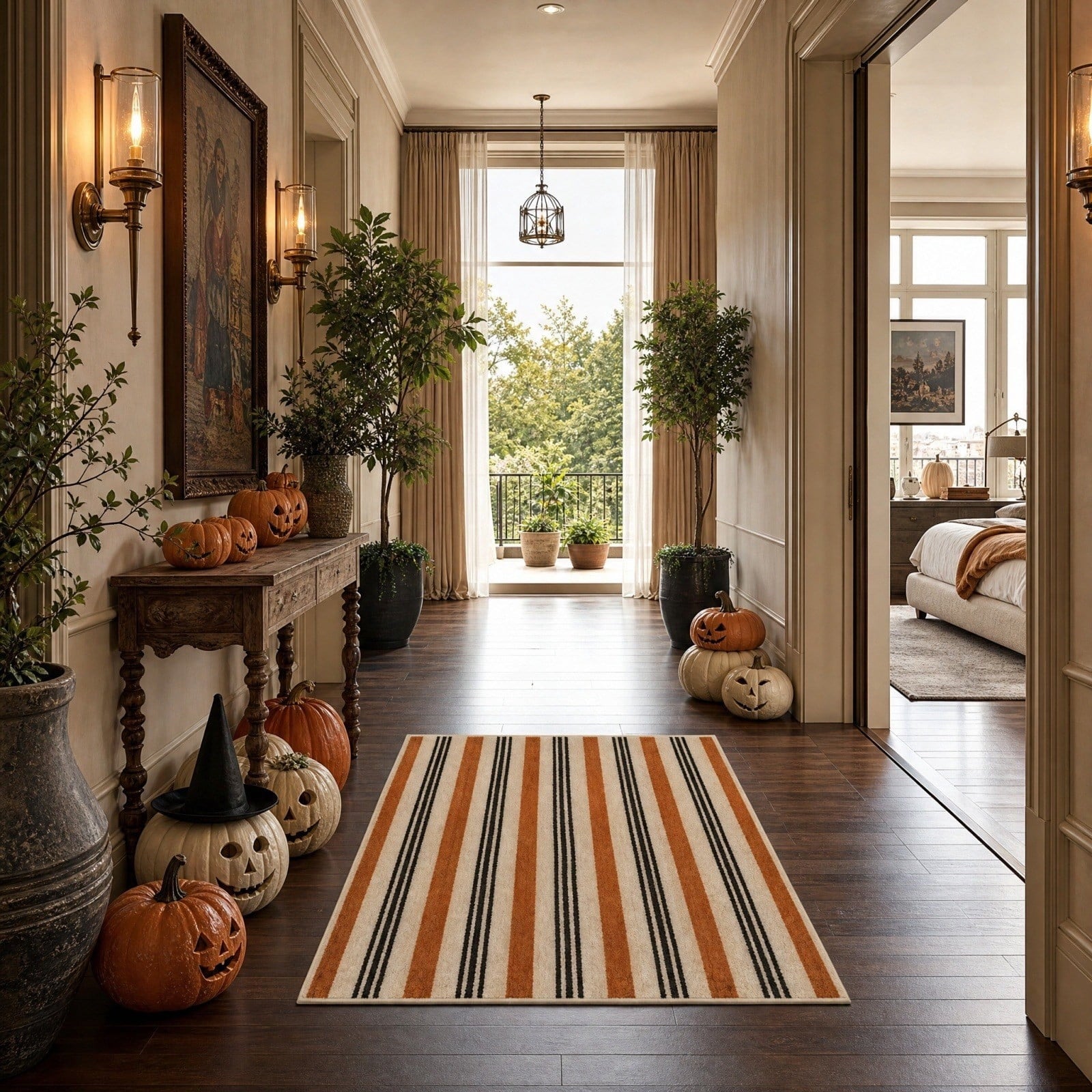 Halloween Fall Bathroom Rug, Vertical Striped Plush Floor Mat, Neutral Terracotta Entryway Doormat for Indoor Home Decor