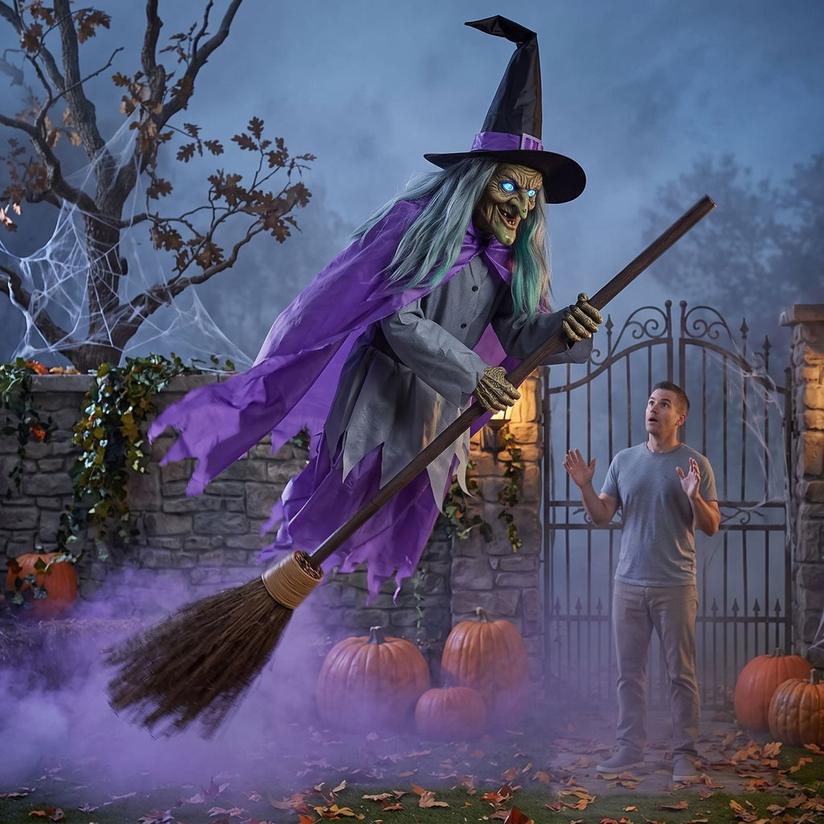 Halloween Flying Witch on Broom Decorations, 6 FT Animated Hovering Witch Animatronics Holding Sweeper Props with Scary Sounds and Lights, House Decor for Outside Indoor Garden Yard Lawn