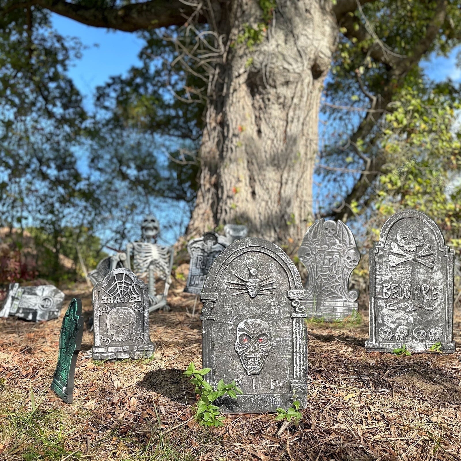 Gamexcel 3-Pack Large 17" Halloween Foam RIP Tombstones with Stakes - Graveyard Lawn Decorations for Spooky Haunted House Decor