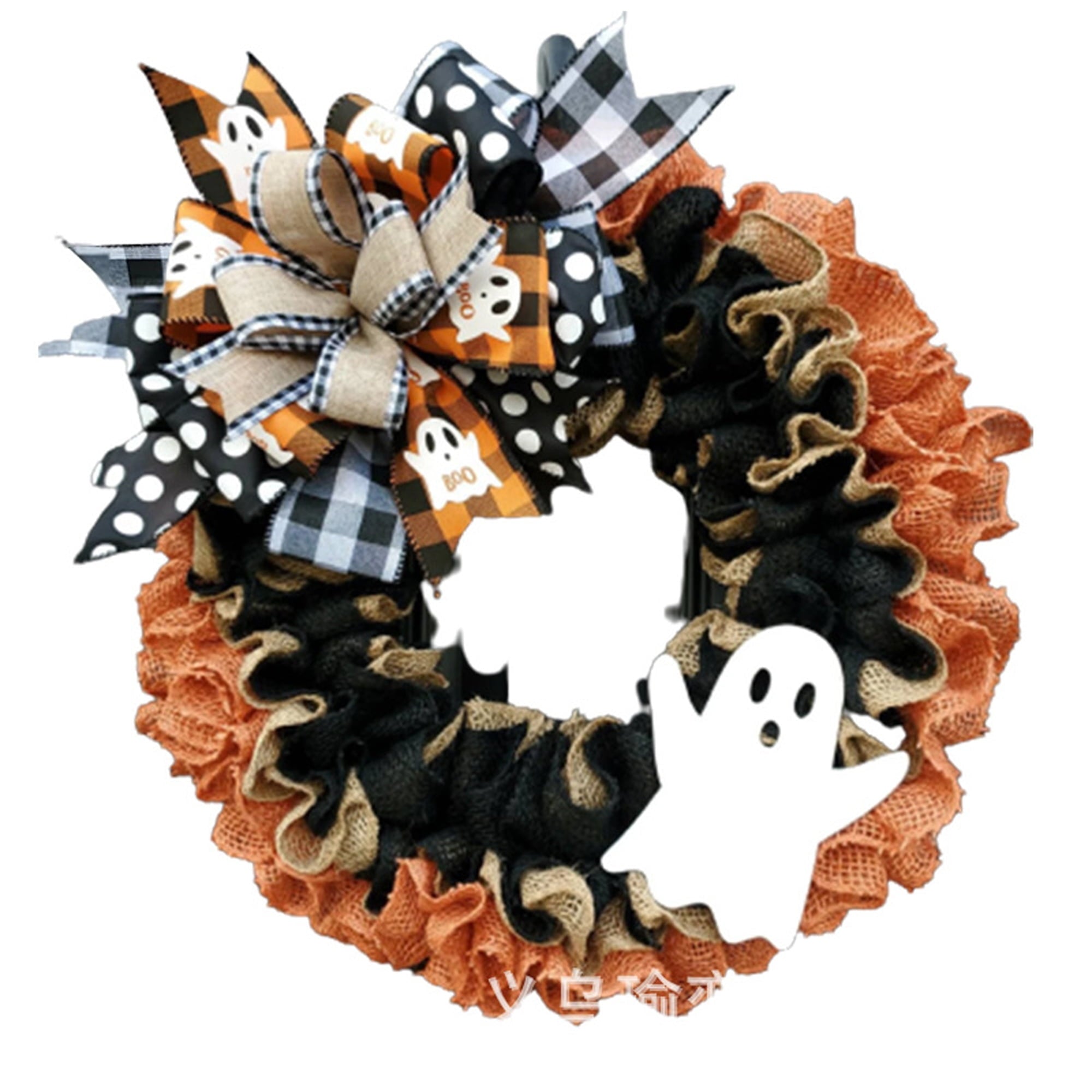 Halloween Halloween Wreath Buffalo Plaid Bow Ribbon Ghost Artificial Wreath, Festival Garland Decoration
