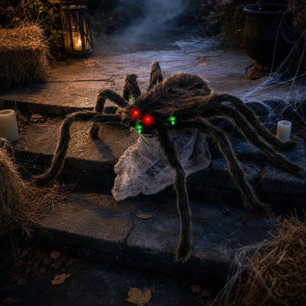 Halloween Jumping Spider Prop, Animated Pop Up Fuzzy Toy with Light Sound, Scary Electric Trick Toy, Horror Prop for Halloween Indoor Outdoor Prank