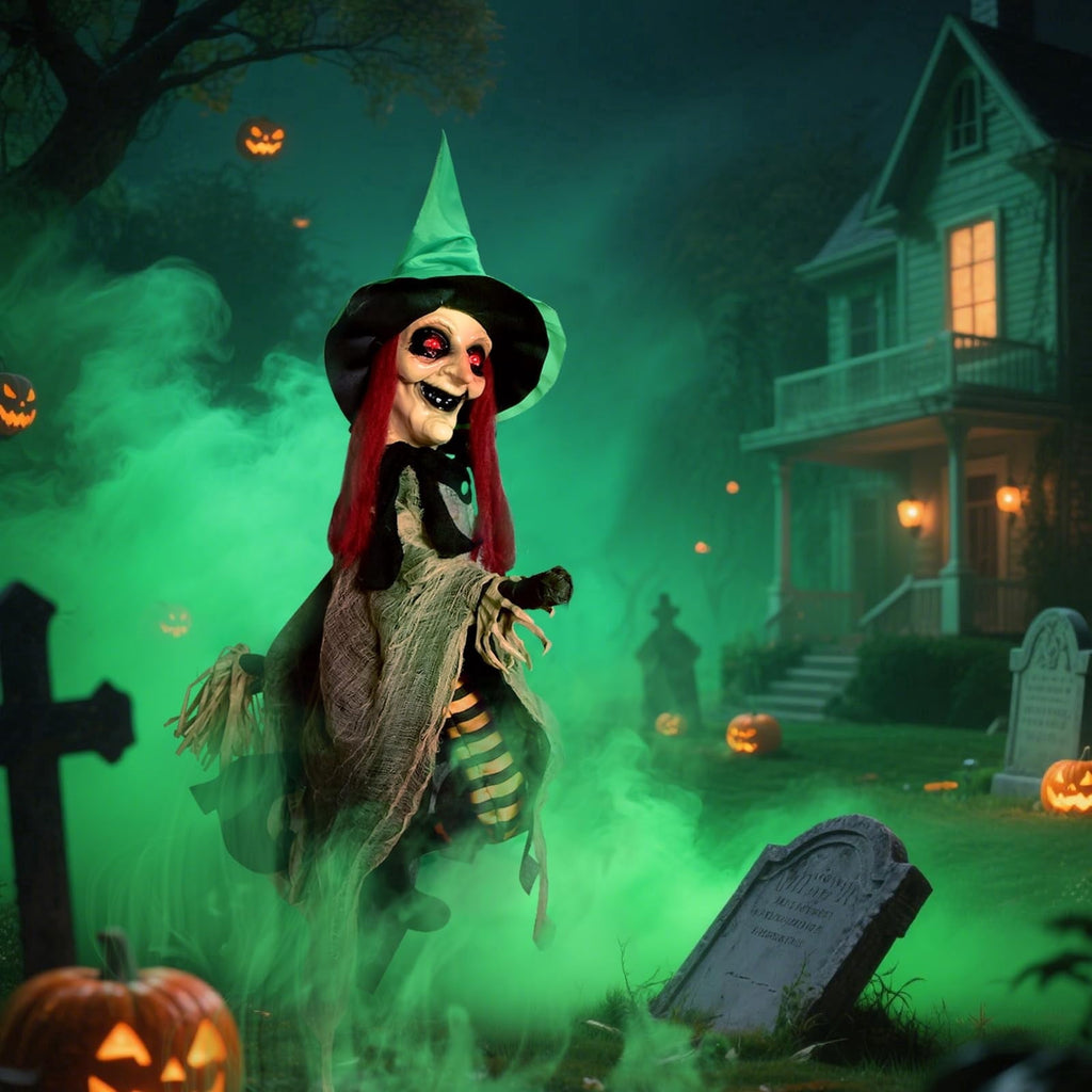 PRESENCE Halloween LED Light-Up Flying Witch on Broomstick, Realistic Sound & Motion, Scary Animated Decoration with Kicking Legs for Yard, Party, Haunted House Green