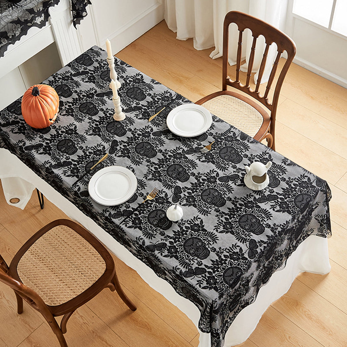 Halloween Lace Tablecloth 86.61x39.37" - Reusable Skull Print Gothic Party Table Cover for /Dinner Decor