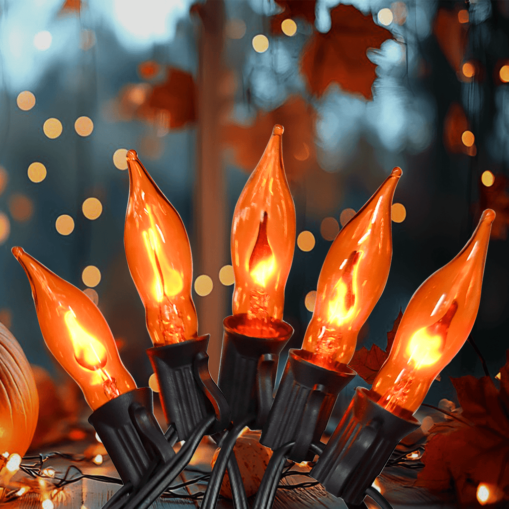 Halloween Lights Flickering Flame String Lights with 12 Pack C7 Orange Flame Light Bulbs (2 Spare), 12.8Ft Orange Flame String Lights for Indoor Outdoor Home Party Yard Halloween Decorations