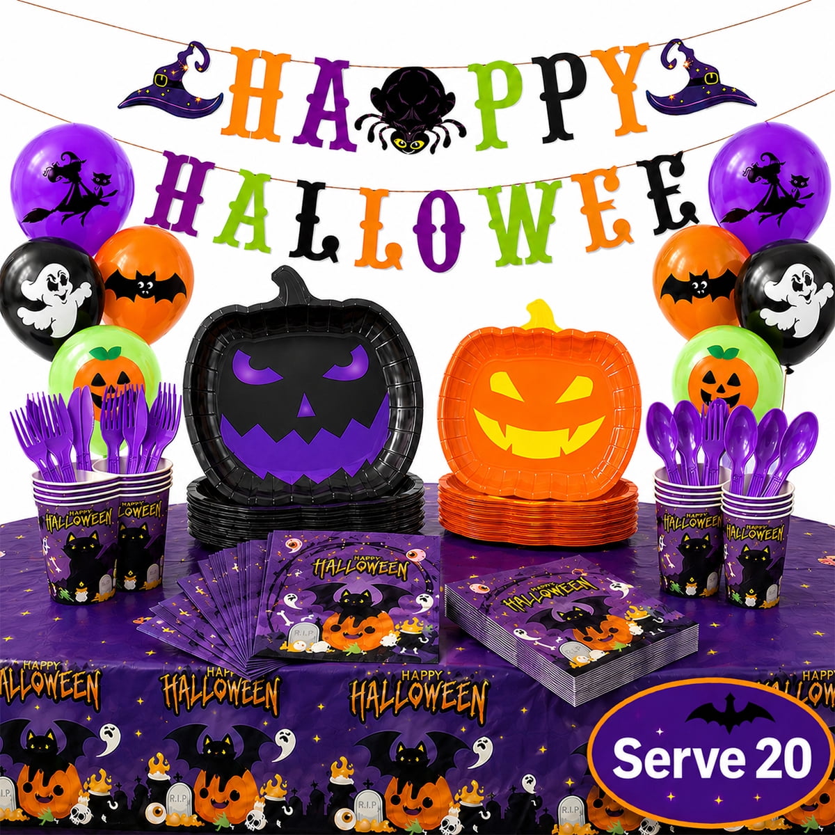 Halloween Paper Plates for Halloween Party Decoration Disposable Cups Napkins Table Cover Balloons Banner for Halloween Birthday Party Supplies Serve 20 Design2