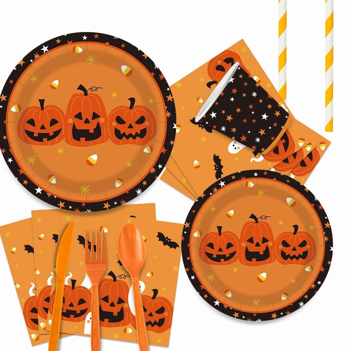 Halloween Party Supplies Set For 24 Guests, Pumpkin Plates, Cups, Napkins, Cutlery, Disposable Tableware Kit For Kids & Adults Halloween Decorations Pumpkin G