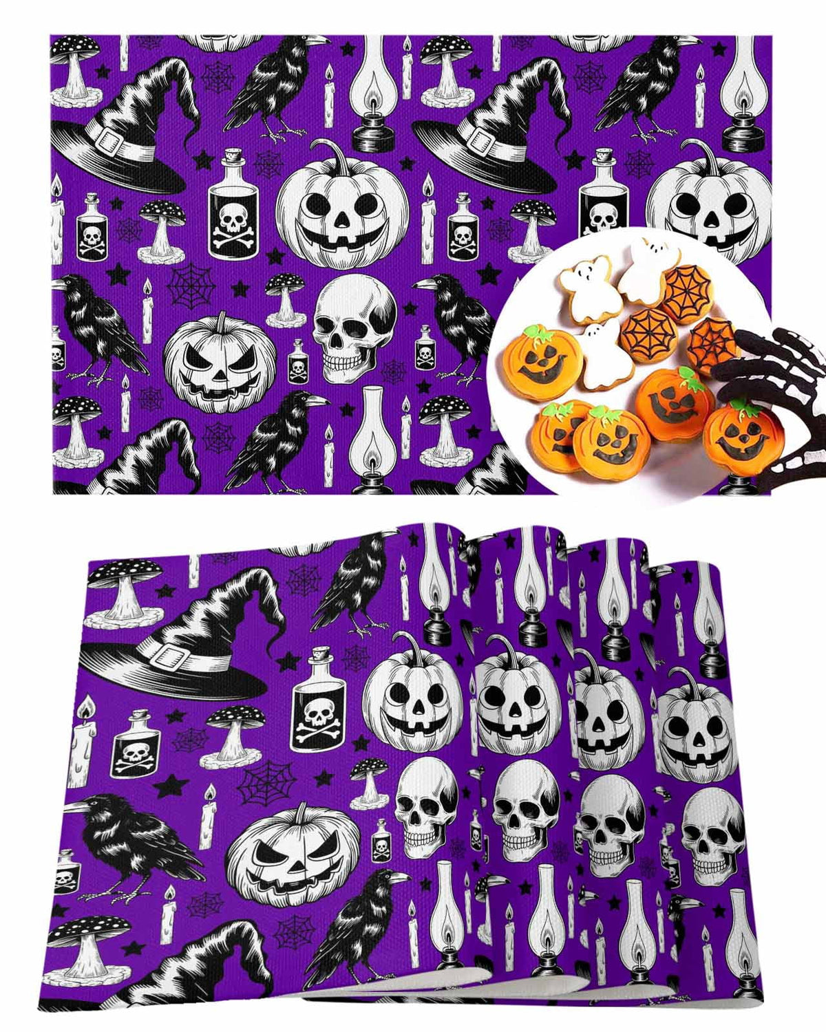 Halloween Placemats Set of 4 Crow Skull Pumpkin Place Mats Fall Placemat Cobwebs Potion Candle Hat Purple Table Mats for Dining Kitchen Table Holiday Dinner Party Home Decorations 13x19 Inch