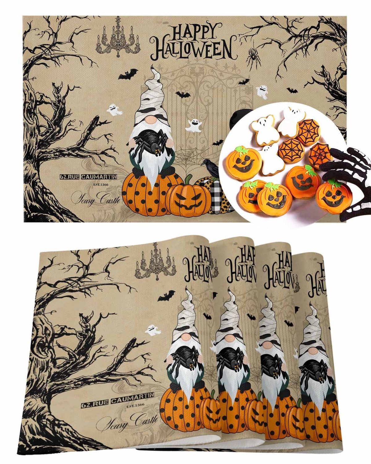 Halloween Placemats Set of 4 Gnome Pumpkin Place Mats Fall Placemat Black Bats Crow Ghosts Cobwebs Castle Table Mats for Dining Kitchen Table Holiday Dinner Party Home Decorations 13x19 Inch