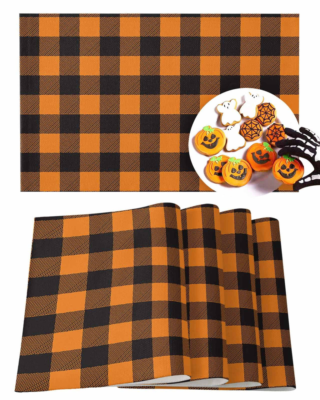 Halloween Placemats Set of 4 Orange and Black Check Plaid Place Mats Fall Placemat Checkered Table Mats for Dining Kitchen Table Holiday Dinner Party Home Decorations 13x19 Inch